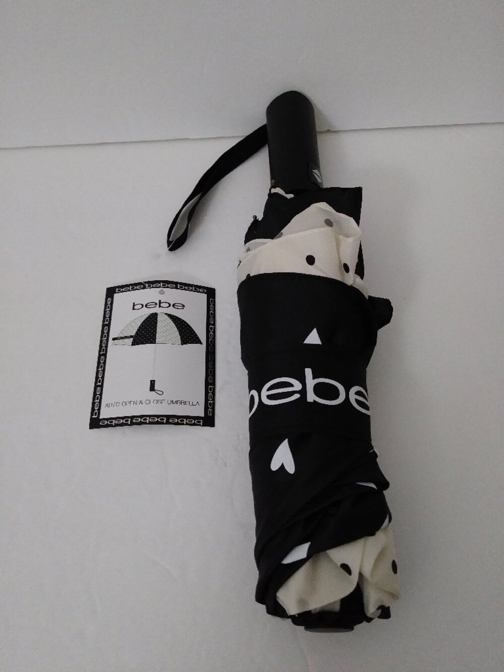 bebe Black/White Hearts all over Auto Open-Close Umbrella